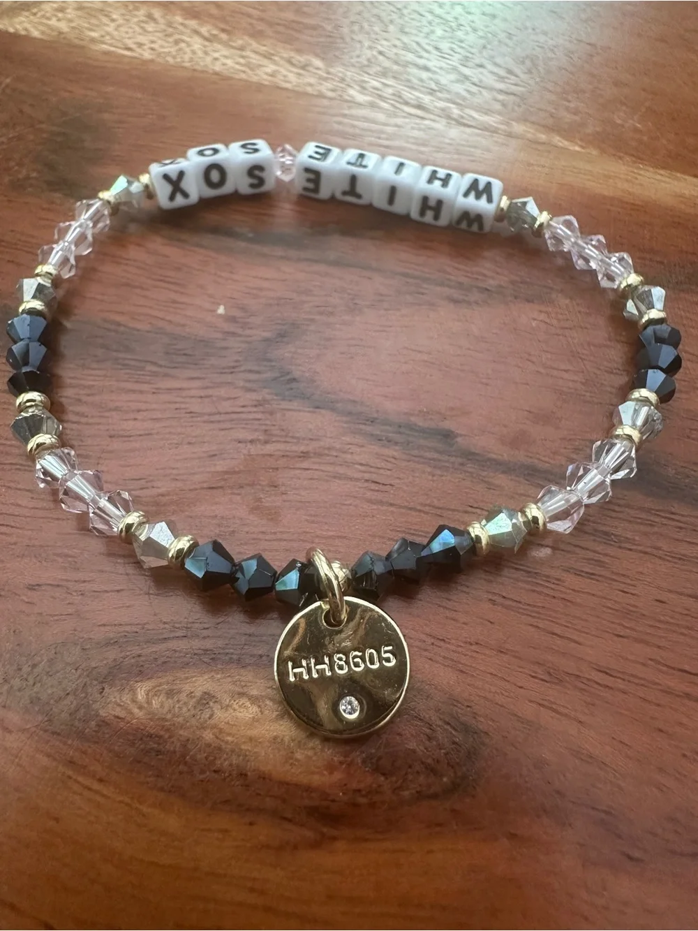 White and Black Beaded‎ Bracelet with Gold Charm